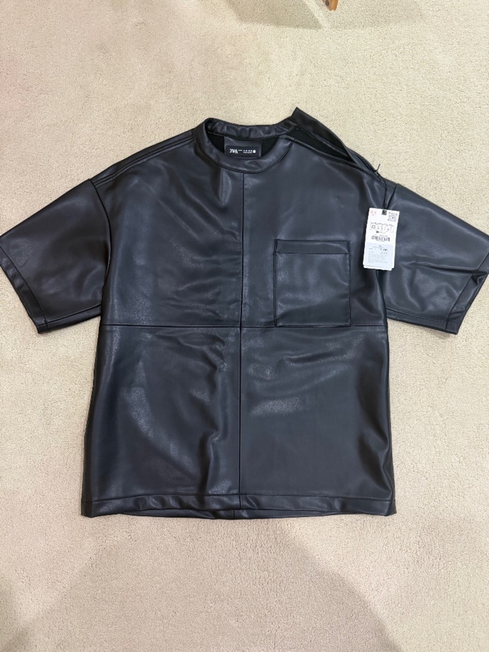 Zara Men's New w/ Tags - Black Faux Leather Quadrant XS Tee Shirt -